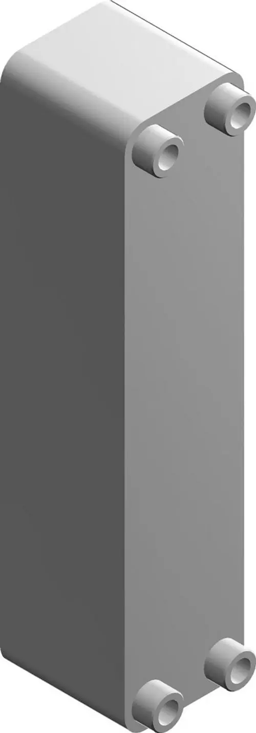 Grauer Plattenwärmetauscher mit runden Anschlüssen. Der Aufbau ist rechteckig und die Oberfläche zeigt eine matte Textur. Hersteller ist Bosch.